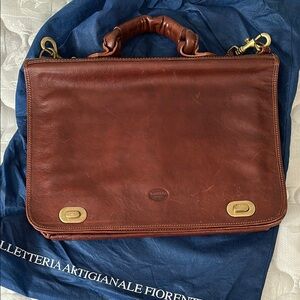 Italian Classic Brown Leather Briefcase with Brass Accents gently used